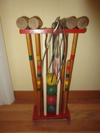Vintage Kids Wood Croquet Stand Set 4 Balls 4 Mallets Stakes Lawn Game 1950’s