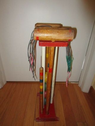 VINTAGE KIDS WOOD CROQUET STAND SET 4 BALLS 4 MALLETS STAKES LAWN GAME 1950’s 2