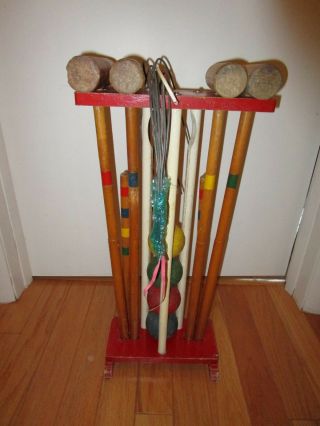 VINTAGE KIDS WOOD CROQUET STAND SET 4 BALLS 4 MALLETS STAKES LAWN GAME 1950’s 3