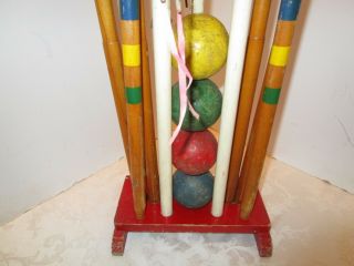VINTAGE KIDS WOOD CROQUET STAND SET 4 BALLS 4 MALLETS STAKES LAWN GAME 1950’s 5
