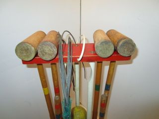 VINTAGE KIDS WOOD CROQUET STAND SET 4 BALLS 4 MALLETS STAKES LAWN GAME 1950’s 6