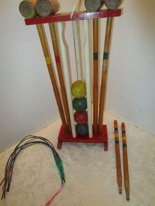VINTAGE KIDS WOOD CROQUET STAND SET 4 BALLS 4 MALLETS STAKES LAWN GAME 1950’s 7