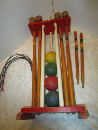 VINTAGE KIDS WOOD CROQUET STAND SET 4 BALLS 4 MALLETS STAKES LAWN GAME 1950’s 8
