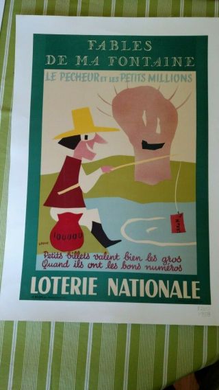 Vintage French National Lottery " Fables De Ma Fontaine " Poster On Linen