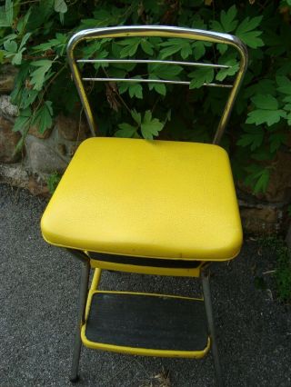 Vtg Cosco 2 Step Kitchen Chair Flip Seat Shop Step Stool Chrome Yellow Steampunk