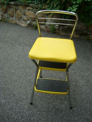 Vtg COSCO 2 step Kitchen Chair FLIP Seat SHOP Step Stool CHROME Yellow SteamPunk 3