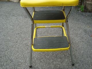 Vtg COSCO 2 step Kitchen Chair FLIP Seat SHOP Step Stool CHROME Yellow SteamPunk 4