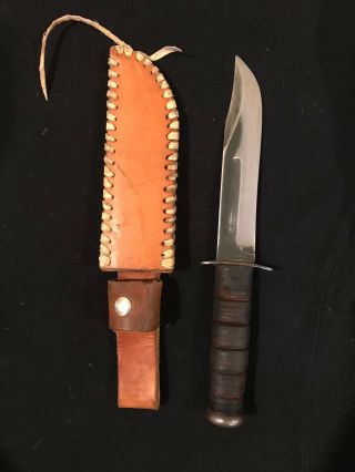 Vintage Usmc Marine Corps Ka - Bar Knife And Custom Leather Sheath Collectors