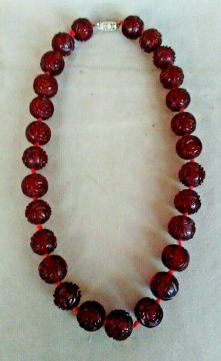 Antique 1920 - 30 ' s Cherry Amber Bakelite Rose Bead Necklace 10k GF Clasp 2