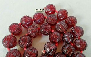 Antique 1920 - 30 ' s Cherry Amber Bakelite Rose Bead Necklace 10k GF Clasp 4