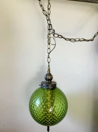 Vintage Green Glass Globe Hanging Chain Swag Lamp Mid Century Modern 4