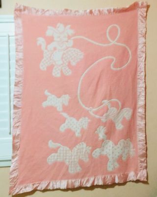 Vintage Pony Rodeo Baby Blanket Pink Satin Trim 36 X 46