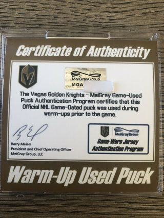 RARE VEGAS GOLDEN KNIGHTS INAUGURAL GAME WARM - UP PUCK 10/13/17 MEIGRAY DETROIT 3