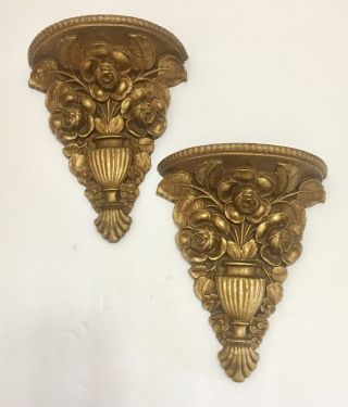 Vintage Pair Wood Ornate Wall Shelf / Sconce - Gold Ornate Scroll Design 8 "