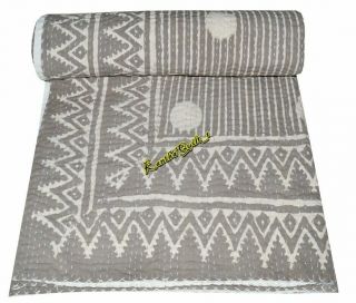 Indian Handmade Block Print King Cotton Kantha Quilt Vintage Blanket Bedspread