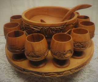 Vtg Hand Carved Tiki Wood Rotating Punch Bowl 12 Cups & Ladle Philippines Signed