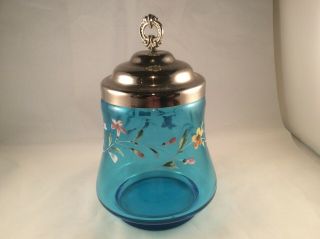 Vintage Or Antique Blue Glass Pickle Castor Or Jar & Lid,  Handpainted Flowers