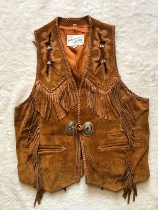 Vintage Leather Suede Western Country Fringe Beaded Native American Vest Size 42