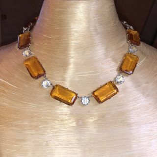 Victorian Open Bezel Point Back Citrine Crystal Necklace Choker Emerald Cut