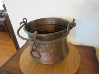 Vintage Large Hammered Copper Pot Cauldron With Hanging Handles Heavy Copper