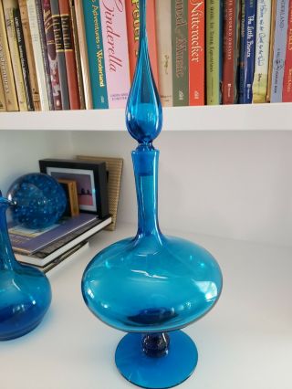 Vintage Blue Blenko Decanter Husted Art Glass Stopper Footed Blue