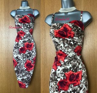 Size 10 Karen Millen Vintage 3d Roses Print Stretch Wiggle Pencil Cocktail Dress