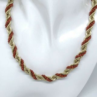 1950 Vintage Necklace Coral And 12kt Gold Gf Twister Rope Chain 51 Gram