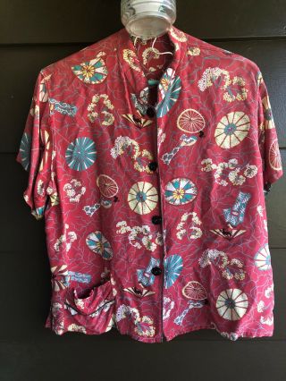 Vtg 1940s Rayon Womens Hawaiian Shirt Betsy Ellen 40s Blouse Top L Kimono