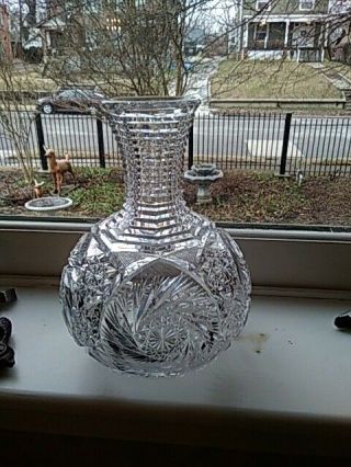 Vintage Large Abp Cut Glass Etched Flower Vase Decanter W/ Rare Ring Neck Wreath