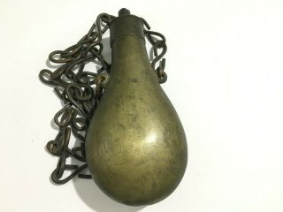 18th Century Old Brass Gun Powder Flask Patina & With Copper Chain