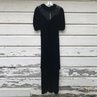 Antique Vintage 1930s Black Silk Velvet Layer Ruffle And Mesh Collar Dress Gown