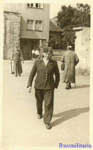 Port.  Photo: Rare Female Uniformed Reichsbahn Railway Girl Walking On Street