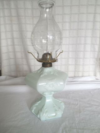 Vintage Fostoria Sewing Lamp 734 Pale Green Milk Glass Oil,  Kerosene Lamp
