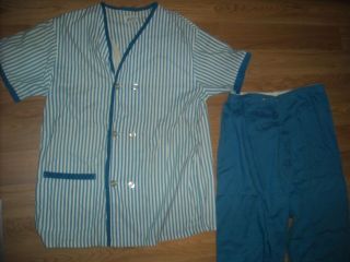 Vtg 40s 50s Mens Medium Blue White Stripe Double Breasted Pajama Sleep Set