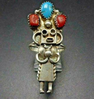 Vintage Navajo Sterling Silver Coral And Turquoise Kachina Ring Size 7.  75