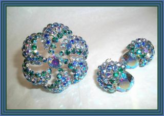 Sherman Emerald - Lavender & Peacock Blue Ab - Figural Domed Flower Brooch Set