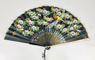 Japanese Silk Hand Fan Hand Painted W/ Mother Of Pearl Early 20th Century W/case