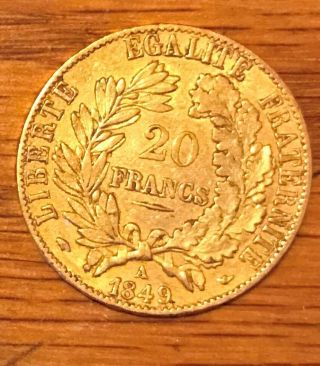 1849 A FRANCE GOLD COIN 20 FRANCS KM 762 RARE LOW MINTAGE CIRC A030 2