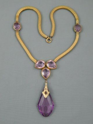 Vintage Art Deco Bezel Set Amethyst Serpentine Lavalier Glass Pendant Necklace