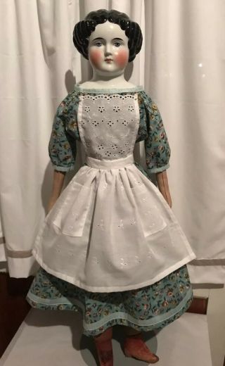 1860’s Style Wide Neckline Dress/ Apron For 26” - 30” Antique China Head Doll
