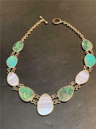 Vintage Sterling Silver,  Blue Lace Agate And Turquoise Link Necklace
