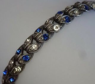 Fine Antique Art Deco Sterling Silver Sapphire Crystal Paste Rhinestone Bracelet