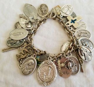 Vintage 30 Charm Silver & Silvertone Religious Saints Medal Crosses Bracelet