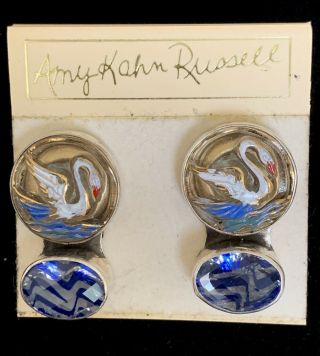 Amy Kahn Russell Silver Swan Earrings/vintage Button/celestial Quartz