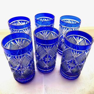 Set Of 6 Double Shot Glasses Cobalt Blue Cut Crystal 4” Tall Vintage