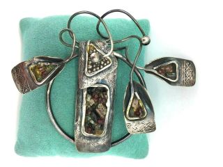 Vintage Hand Chased Sterling Silver Mixed Stone Pin Brooch
