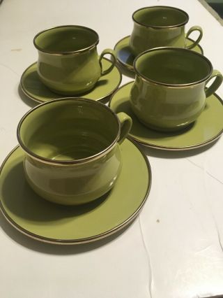 Vintage Victoria And Richard Mackenzie - Childs Set Of 4 Green Enamel Cups Plates