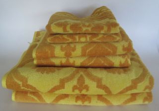 Vintage Mcm Fieldcrest Towel Set 6 Pc Bath Hand Sculptured Gold Key Pattern