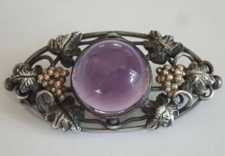 Antique Arts & Crafts Hand Wrought Sterling Silver Gold Natural Amethyst Brooch