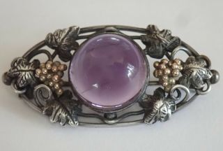 ANTIQUE ARTS & CRAFTS HAND WROUGHT STERLING SILVER GOLD NATURAL AMETHYST BROOCH 5